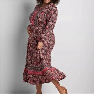 Lane Bryant Floral Maxi Dress Lace Up Neck Womens Plus Size 16 black pink boho